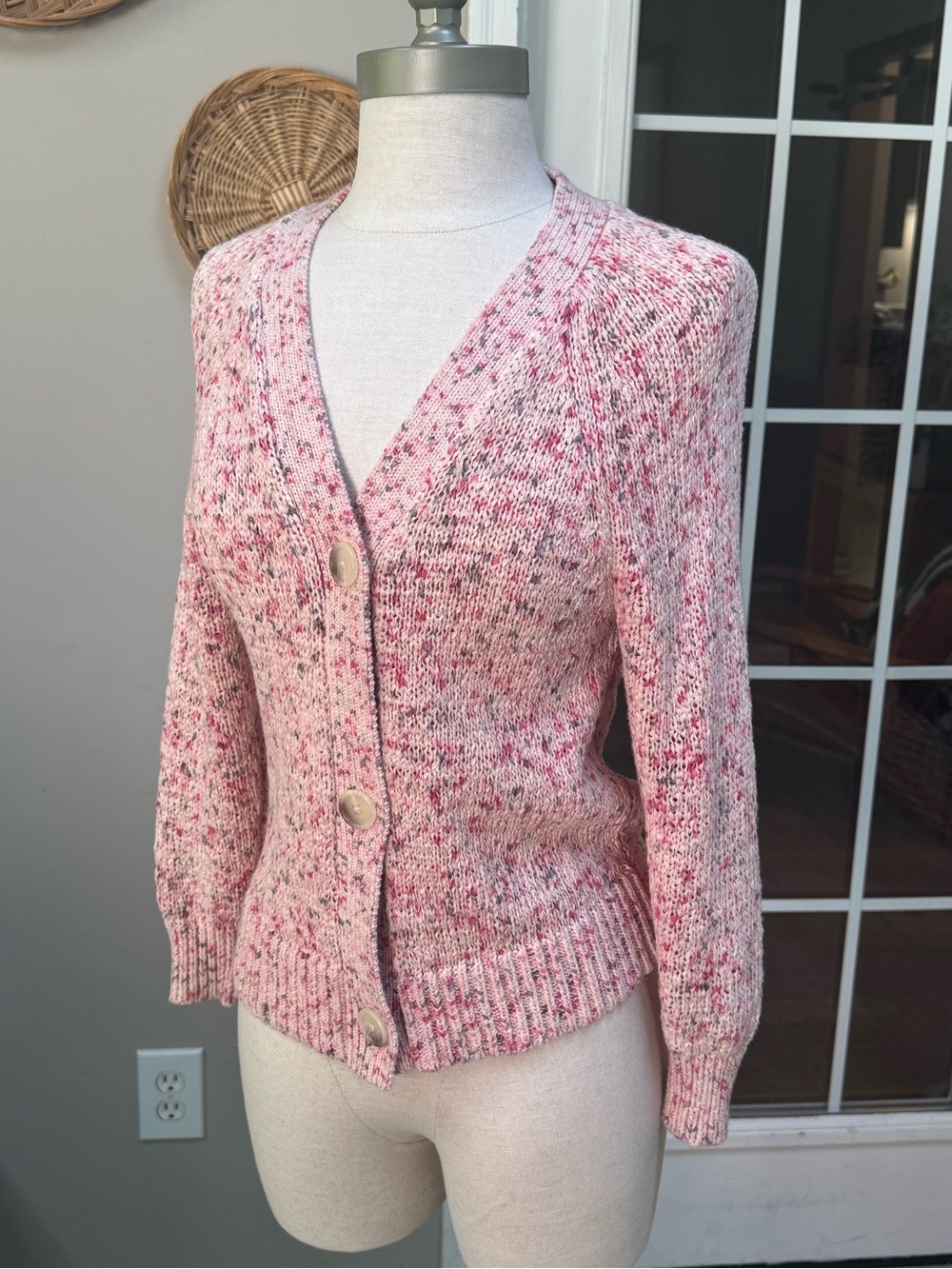 LOFT Pink Speckled Button-Front Cardigan